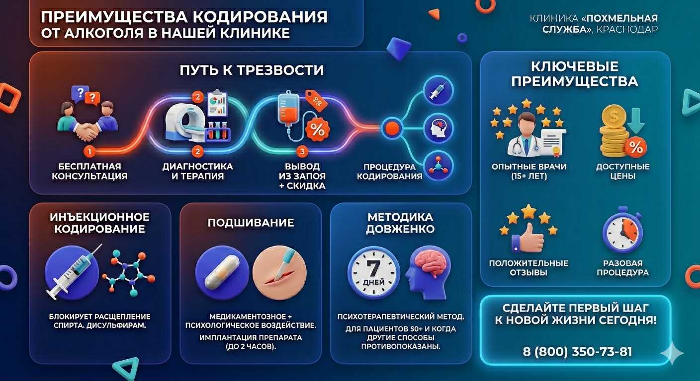 Инфографика о методах кодирования от алкоголя в Якутске: инъекции, подшивание, метод Довженко. Преимущества клиники и этапы лечения.